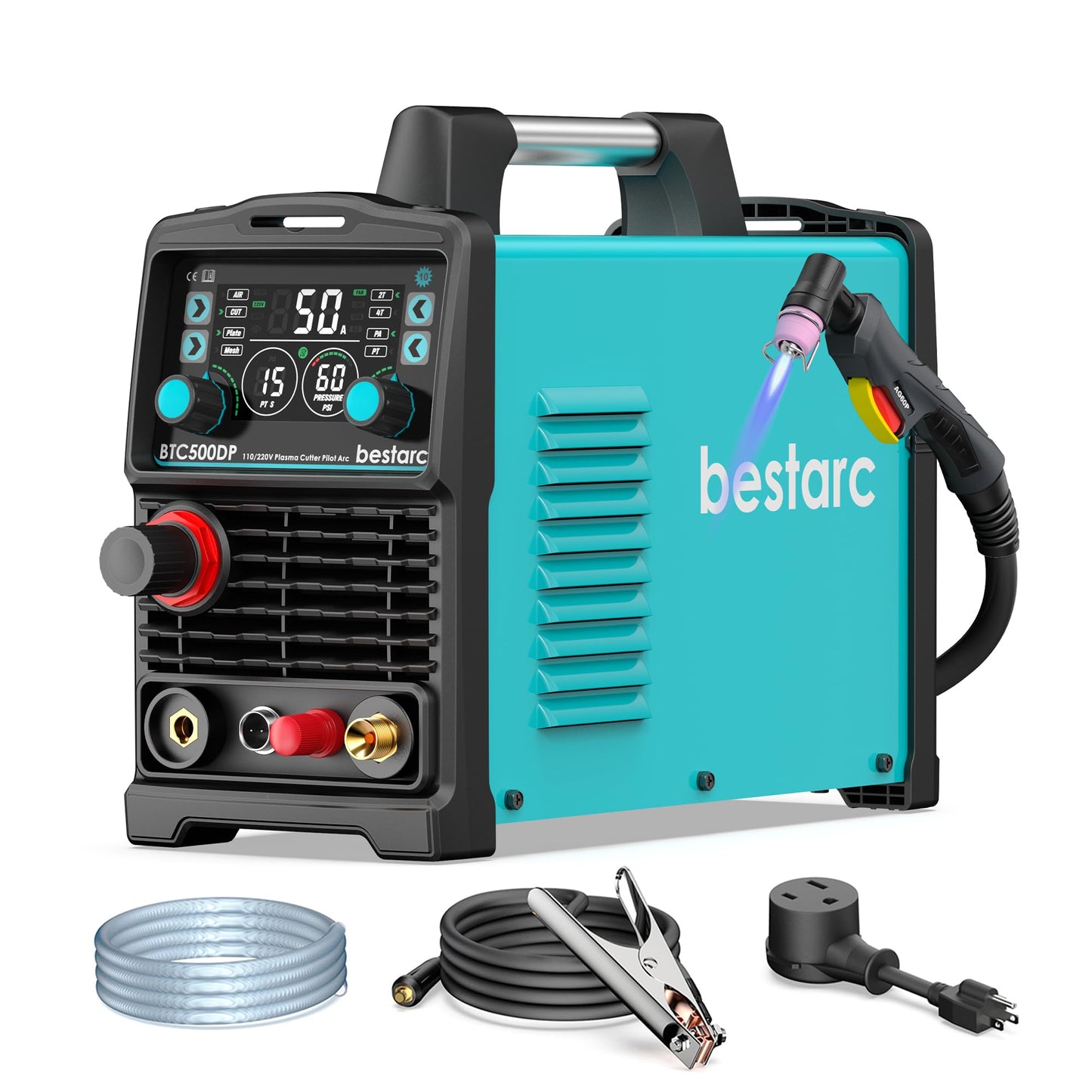 bestarc Pilot Arc Plasma Cutter, [Large LED Display][Air Sensor] 50A Plasma Cutter Machine 110/220V Dual Voltage, 1/2 Inch Clean Cut 4/5 Inch Max Cut, Post Flow Mesh, 2T/4T for Beginners DIY