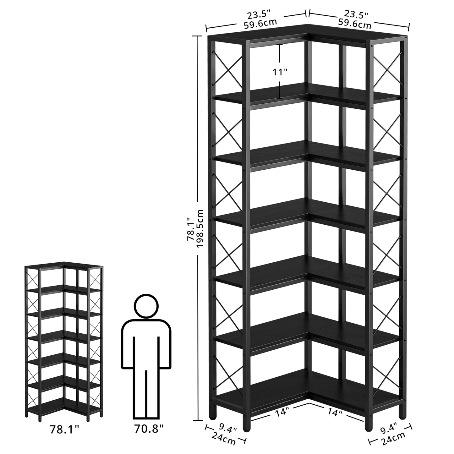 IRONCK Corner Bookshelf, 7-Tier Industrial Corner Bookcase, Tall Corner Shelf Storage Display Rack with Metal Frame for Living Room Home Office, Black