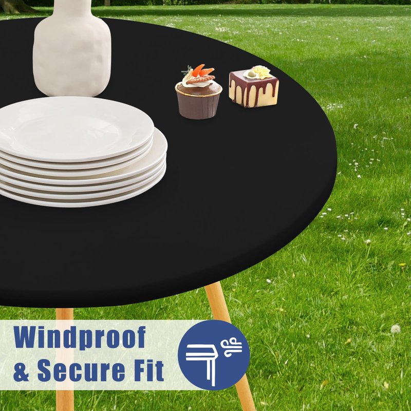 Moosfor Round Spandex Tablecloth, Elastic Fitted Waterproof Tablecloths for 42"-50" Tables, Stretch Washable Picnic Table Cover for Camping, Dining, Indoor and Outdoor, Black