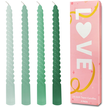 Topsics Green Taper Candles, 4 Pack Green Spiral Twisted Candle, Unscented Taper Candlesticks 10 inch, Candles for Valentines Day Home Decor Wedding Decorations