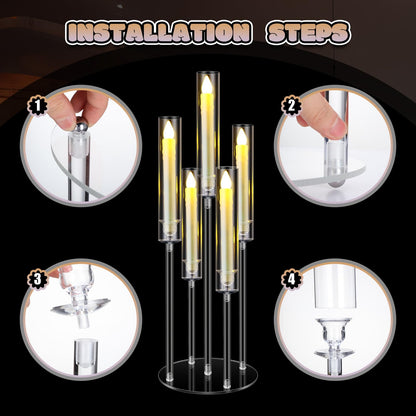 FoldTier 4 Sets 5 Arm Acrylic Candelabra Holder for Wedding Table Centerpiece 27inch Tall Floor Clear Candle Centerpieces with LED Candles and Shade for Proposal Ceremony Birthday Party Home Decor