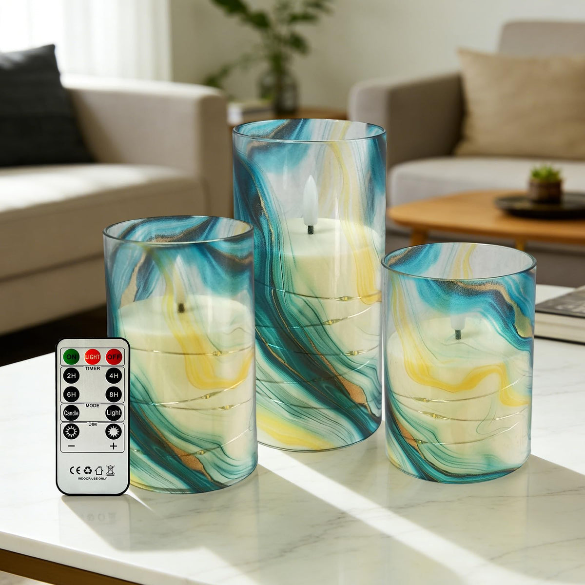 Flickering Flameless Candles Blue Water Ripple Print, Embedded Star String Lights, Battery Operated Acrylic LED Pillar Candles with 11-Key Remote and Timer for Home Decoration, 3 Pack