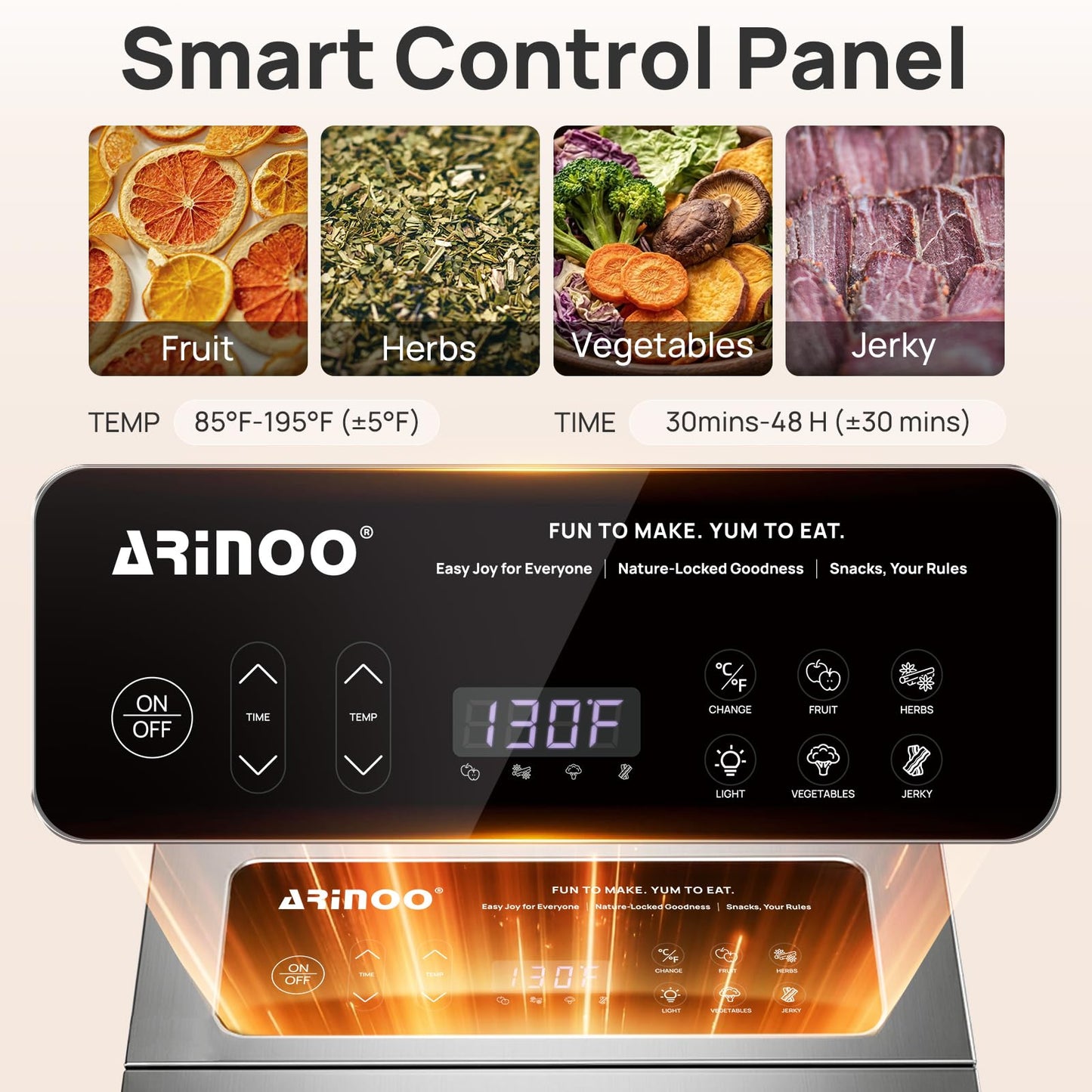 ARINOO Food Dehydrator Machine with 12 Stainless Steel Trays, 48H Timer, 85°-195°F Temp Control, 800W Powerful Mushroom Dryer, Food Dryer for Jerky, Dog Treat, Herbs, Fruit, Commercial and Home Use