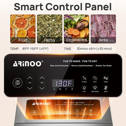 ARINOO Food Dehydrator Machine with 12 Stainless Steel Trays, 48H Timer, 85°-195°F Temp Control, 800W Powerful Mushroom Dryer, Food Dryer for Jerky, Dog Treat, Herbs, Fruit, Commercial and Home Use