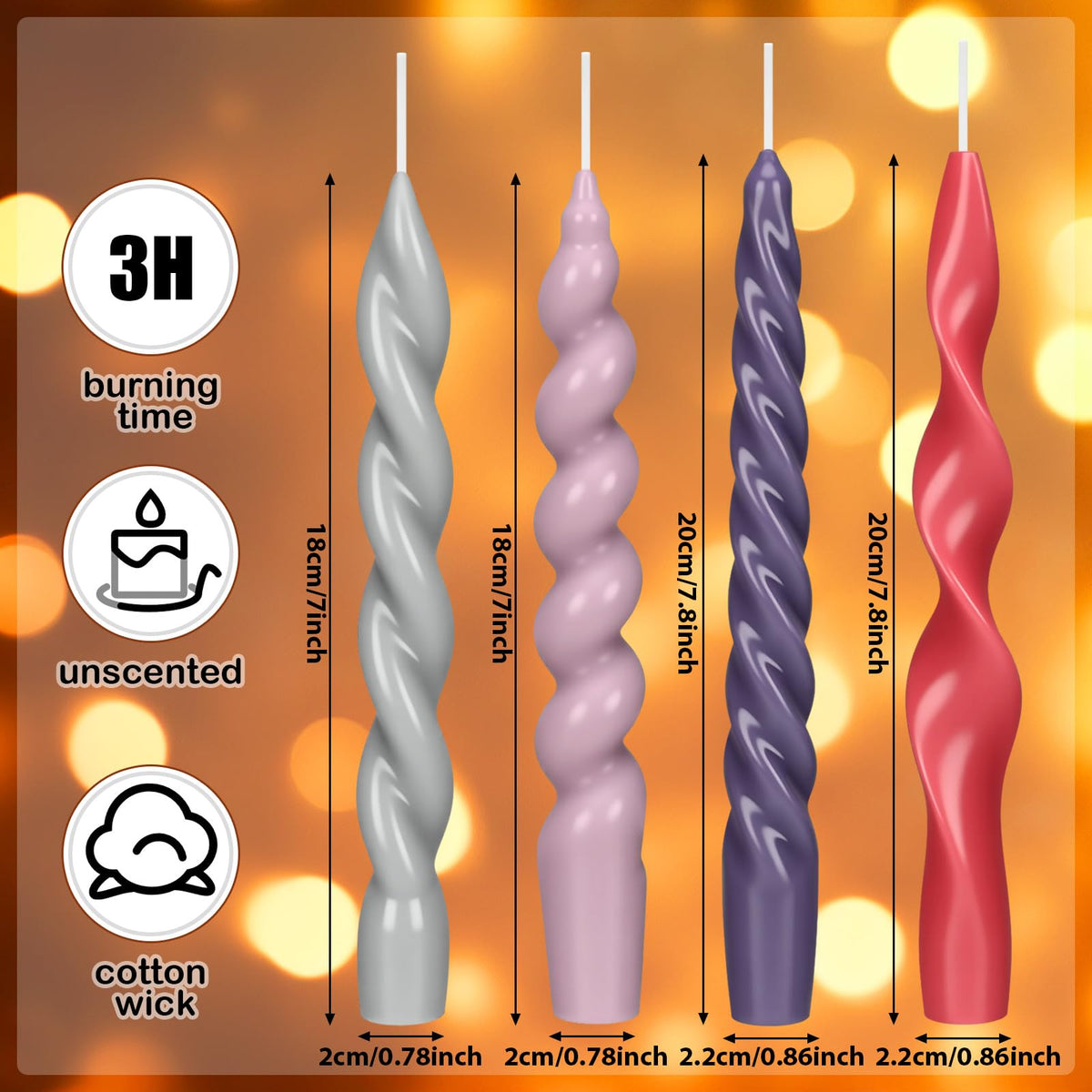 Nuanchu 4 Pcs Twisted Taper Candles Wax Unscented Smokeless Spiral Swirl Candlesticks for Wedding Holiday Dinner Party Home Decorations(7.87 Inch,Pure,Muted Pastels)