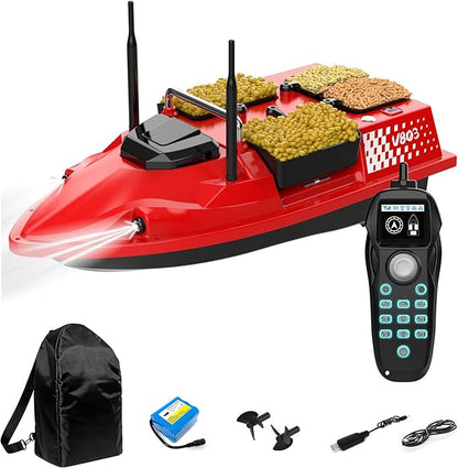 RC Bait Boat for Fishing with 4 Boxes Dual Antena and 18000mAh Battery for 500M Long-Range Bait Boat with LED Light Hook Release High-Definition Color Screen Remote Control