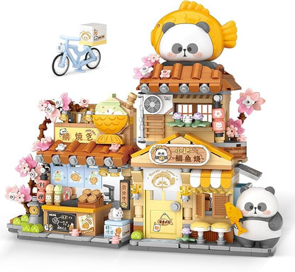 Japanese Street View Taiyaki Shop Mini Building Blocks MOC Creative Building Toys Cute Panda Building Set for Kids 6-12 Simulation Architecture Construction Toy Gift Idea for Kids Adults (858 PCS)