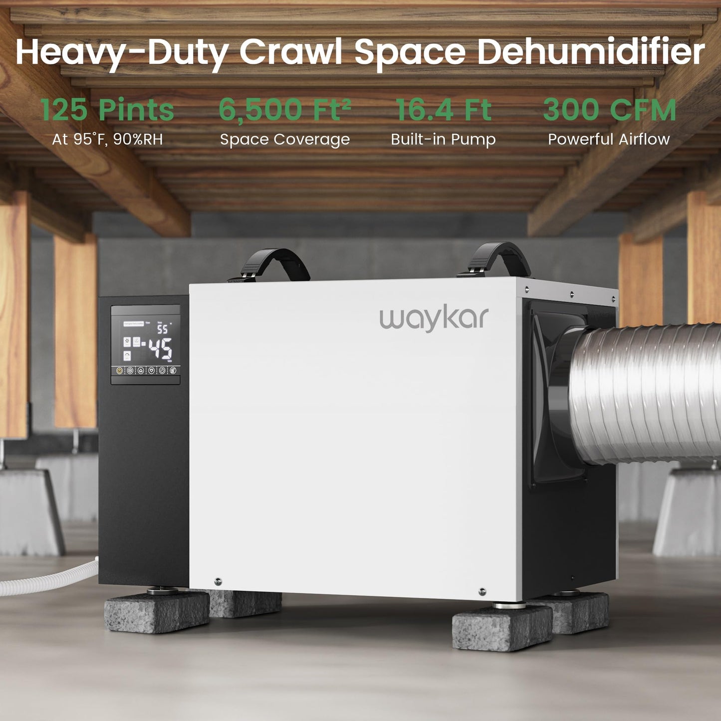 Waykar Commercial Dehumidifier with Pump and Drain Hose for crawl space, Basements, and Water Damage Unit