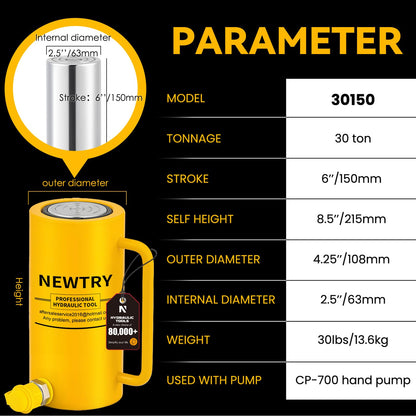 NEWTRY 30 ton Hydraulic Jack Cylinder Long Ram 6” Stroke Portable Hydraulic Industrial Lifting Porta Power Retract Automatically