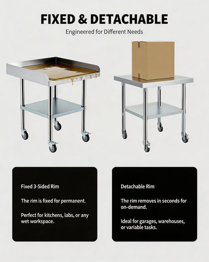 24 x 24 Stainless Steel Prep Table with Wheels – Commercial Mobile Workstation, Adjustable Undershelf, 3-Sided Backsplash – NSF Kitchen Worktable for Restaurant, Home, Garage & Catering