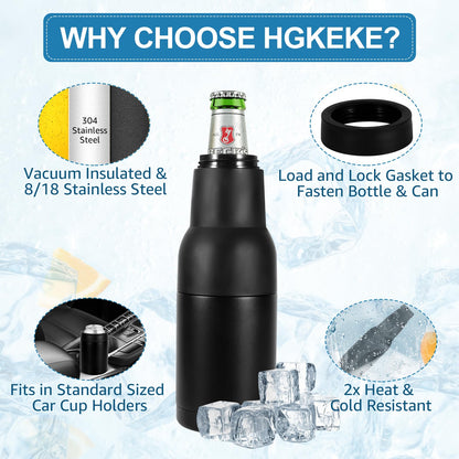 Hgkeke 12oz Universal Beer Bottle Holder Double Walled SS Beer Bottle Cooler 3 in 1 Can Koozie with Beer Opener Vacuum Insulated - fit Fishing,Camping Outdoor Activities and Nice Gift for Men(Black)