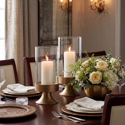 Gold Hurricane Candle Holder with Glass Cylinder Decorative Metal Pedestal Candlestick Holders for Pillar Candles Elegant Centerpiece for Dining Table Wedding Fireplace Mantel Living Room Home Decor