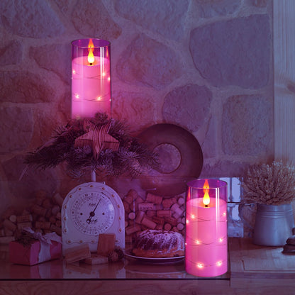 NURADA Flickering Flameless Candles: Built-in Star String Lights 3D Wick Acrylic Battery Operated LED Pillar Candles with Remote and Timer for Table Wedding Centerpieces Party 3 Pack Purple
