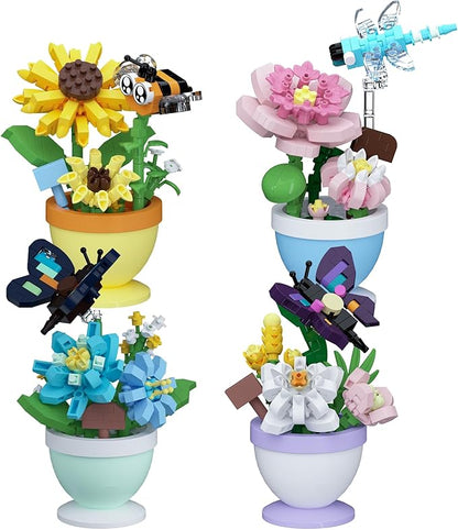 Set of 4 Mini Flower Bonsai with Cute Insects - DIY Potted Plant Building Blocks for Kids and Adults Botanical Collection Decor Toy