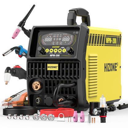 HIZONE Multifunctional Welders Plasma Cutter Combo 200A，8 in 1 Multiprocess Welder Gas MIG/PULSE MIG/MAG/Flux Gasless MIG/HF TIG/Stick/CUT/SPOT MIG 110/220V Dual Voltage Aluminum Welding Machine