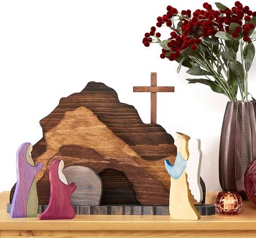 Easter Scene Wooden Decoration, Easter Religious Jesus Nativity Scene Decoration, Manger Creche Nativity Scene Montessori Inspired Wedding, Spring Christian Home Figurine Ornament Cross Easter Craft