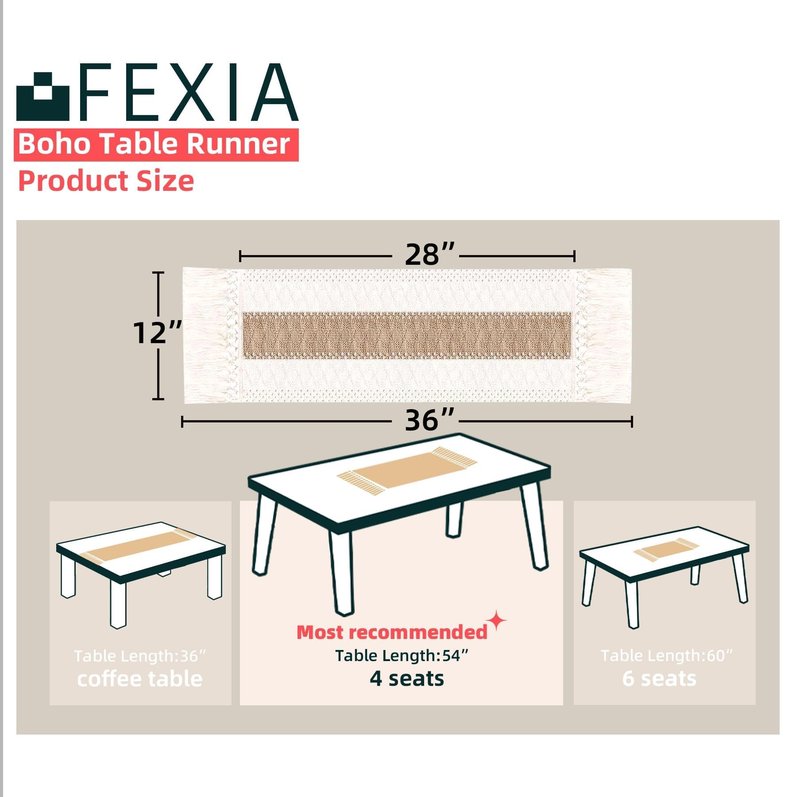 FEXIA Boho Table Runner for Thanksgiving Home Decor with Tassels 36 Inches Long Farmhouse Rustic Table Runner Cream & Brown Macrame for Boho Dining Bedroom Decor Rustic Bridal Shower (12x36 Inches)