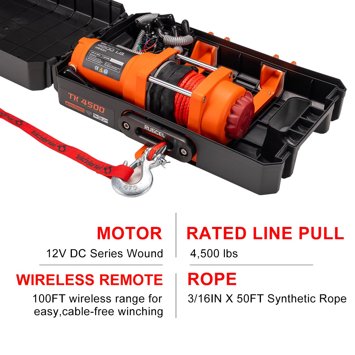 RUGCEL WINCH Portable Winch 12V DC Electric Utility winch,4500lb/2041kg Single Line Pull with Steel Mounting Plate, Integrated Hawse Fairlead and Synthetic Rope,Infrared remote control,atv utv winch