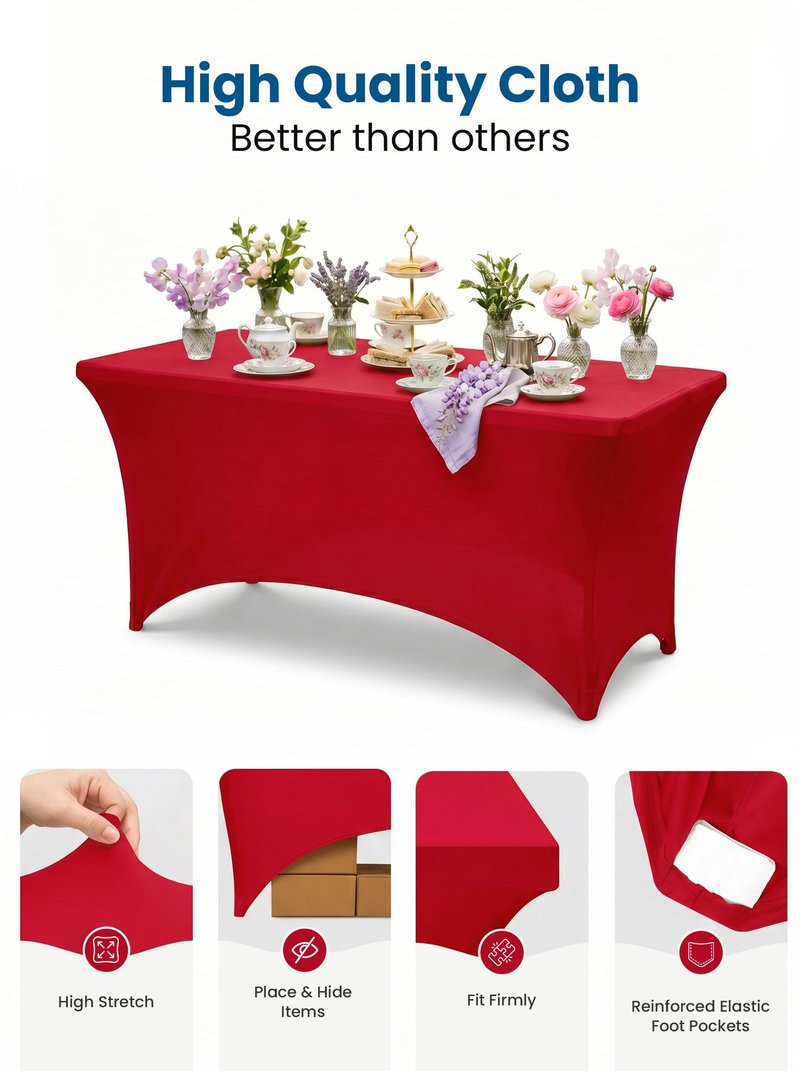 Utopia Kitchen Spandex Tablecloth 2 Pack [8FT, Red] Tight, Fitted, Washable and Wrinkle Resistant Stretch Table Cloth Rectangle Cover for Trade Show, Weddings & Parties [96Lx30Wx30H Inch]