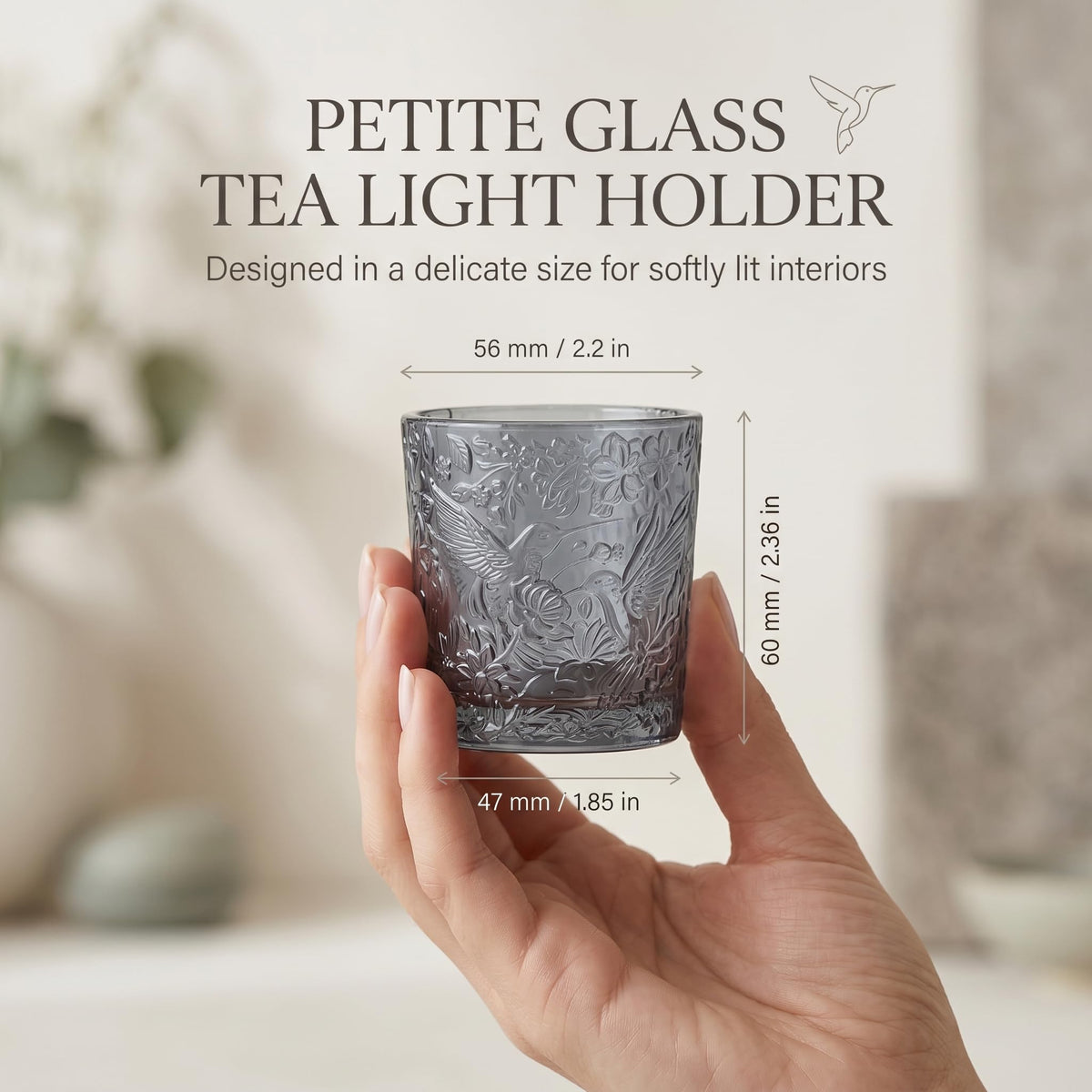 12 Pack Hummingbird Embossed Glass Candle Holders – Votive Tealight Holders with Patent Design, Decorative Embossed Glass Cups for Wedding Centerpieces, Parties, and Home Décor (Smoky Quartz)