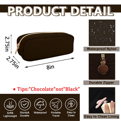 Small Pencil Case Makeup Bag for Purse, Cute Pencil Pouch Preppy Nylon Makeup Brush Bag with Zipper , Girls Portable Stationery Storage Case Small Pen Bag for Office School College(Slim-Chocolate)
