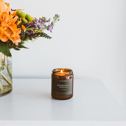 Calyan Wax Co. Redwood & Vanilla Scented Candle - 57 Hour Burn - Luxury Clean Soy Wax Candles - Long Lasting Amber Glass Jar Candle for Home - 7.2oz