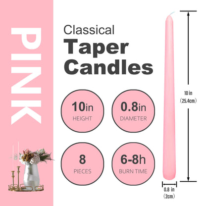 8 Pack 10 Inch Pink Taper Candles Long Burning Time and Dripless for Dinner Home Decor Wedding Shower