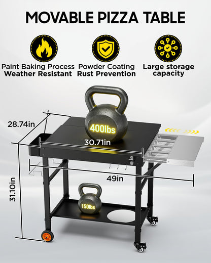 Pizza Oven Table, Grill Table for Ninja Pizza Oven, Pizza Oven Cart Fits Blackstone 17/22 Griddle, Koda 12/16, Cuisinart Gozney, Solo Stove,Outdoor Pizza Oven cart with Sliding Covered Storage Tray