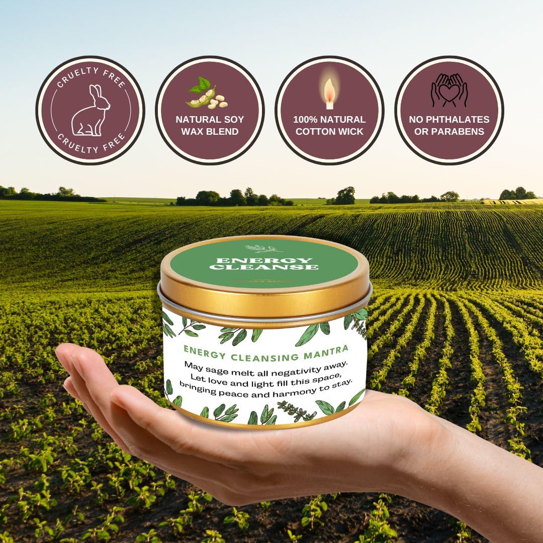Premium Sage Candle with Energy Cleansing Mantra – Natural Soy Wax, Cotton Wick, Paraben and Phthalate-Free Scent, Non Toxic - Clean Scented Candles for New House, Housewarming, Smudging 6oz