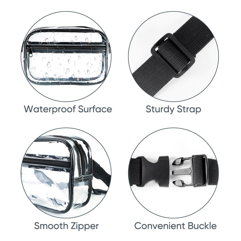 Clear Fanny Pack for Stadium Events - Clear Bag for Women Men | Lightweight Waist Pack for Concerts, Sports Games Day & Travel Stadium Approved Transparent Bag (Black)