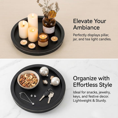OKSON 3-Pack Round Wooden Candle Plate Holder Trays, Rustic Farmhouse Decorative Round Wood Tray for Coffee Table, Dining, Tealight & Pillar Candles, Party, Wedding, Christmas Home Decor (Black)