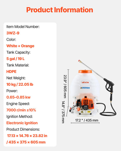 VEVOR Gas Powered Backpack Sprayer, 26.5CC 0.9HP Engine, Garden Sprayer with 5 Gallon Tank, Large Area Coverage, Lawn Spraying Machine with 24 in Wand & Nozzles for Efficient Gardening & Farming