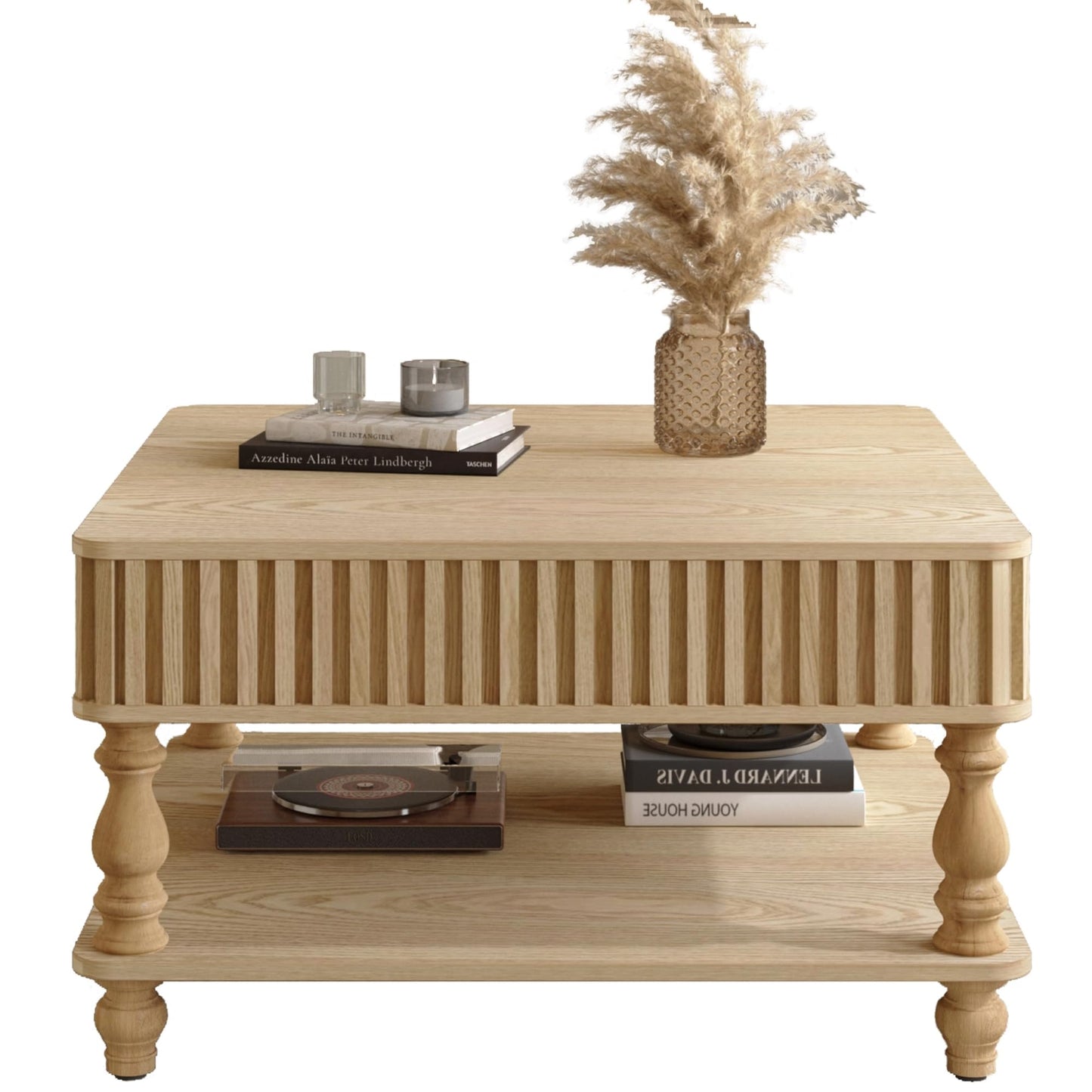 Harr Lift Top Square Coffee Table with Storage, 31.5'' Sofa Side End Table, Fluted Design Hydraulic Raising Mechanism, Hidden Compartment & Open Shelf, Retro Solid Wood Legs for Living Room, Natural