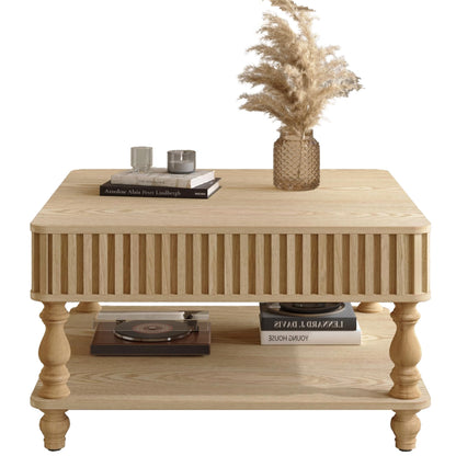 Harr Lift Top Square Coffee Table with Storage, 31.5'' Sofa Side End Table, Fluted Design Hydraulic Raising Mechanism, Hidden Compartment & Open Shelf, Retro Solid Wood Legs for Living Room, Natural