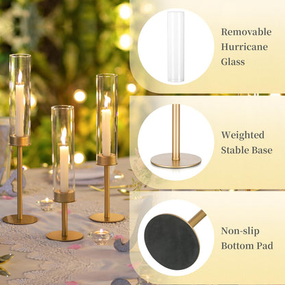 Hewory Gold Candle Holders, 12Pcs Brass Hurricane Candlestick Holders with Glass Candle Cover for Wedding Table Centerpiece Christmas Decor
