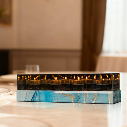 Timetrace Glass Candle Holder Rectangular 4 Candle Seat with Marble Pattern-Tealight and Votive Candles Holders Centerpiece Table Decorations for Home Décor, Dining Room, Kitchen, Patio (Blue)