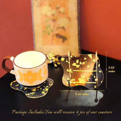 Sweet Elegance Set of 4 Acrylic Gold Foil Coasters Waterproof, Non-Slip, Durable Cup Mats for Home, Party, and Festival Decorate Drop Shape Table Ornamen