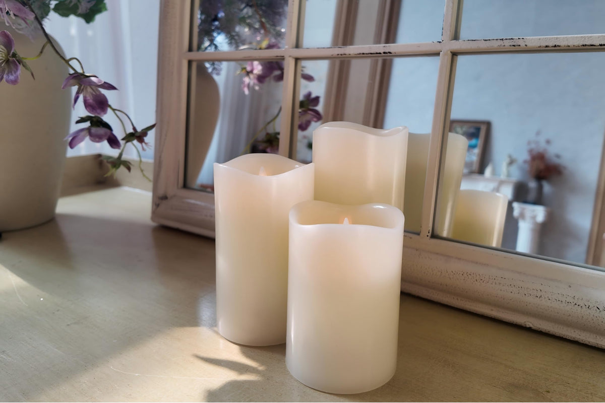 CozierGlow Flameless Pillar Candles Flickering with Remote Timer, Battery Operated LED Candles Up to 400 Hours, 3D Moving Flame Real Wax Candles. (Ivory with Invaginated top)