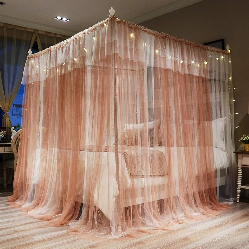 Joyreap Luxury 4 Corners Post Canopy Bed Curtains - Coral & White Cozy Drape Netting - Cute Princess Style Bedroom Decoration Accessories(Reddish Brown,86" W x 78" L, King)
