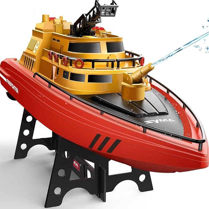 SYMA Remote Control Boat Big RC Boat Firefighter for Kids 8-12 with 40 Mins Run Time (2 Batteries) One-Key Water Spary 15 km/h High Speed and Low Battery Warning Pool Toys for Boys Girls