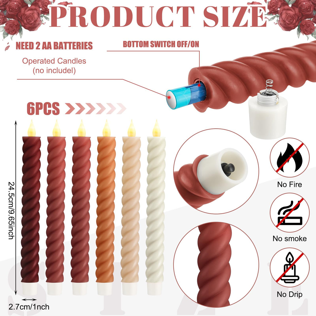 Baquler 6 Pcs Fall Flameless Taper Candle Twisted LED 9.65 Inch Fall Taper Candles Battery Operated Twisted Candlesticks for Thanksgiving Harvest Wedding Birthday Home Party Dinner Fireplace Decor