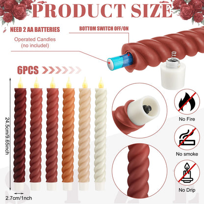 Baquler 6 Pcs Fall Flameless Taper Candle Twisted LED 9.65 Inch Fall Taper Candles Battery Operated Twisted Candlesticks for Thanksgiving Harvest Wedding Birthday Home Party Dinner Fireplace Decor