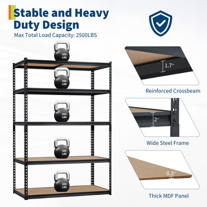 Garage Storage Shelves 5 Tiers, Heavy Duty Storage Shelving Racks with 2500 LBS Capacity, 48 " L x 24 in W x 72 in H Metal Adjustable Shelving Unit for Kitchen Pantry Basement Bathroom Laundry