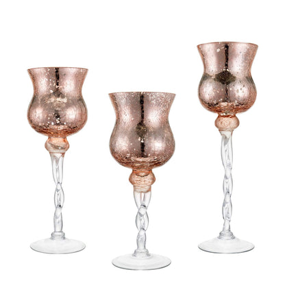 Diamond Star Pink Mercury Crackle Glass Long Stem Tealight Candle Holders Centerpieces for Wedding Table, Set of 3 (12",14",15.5" Tall)