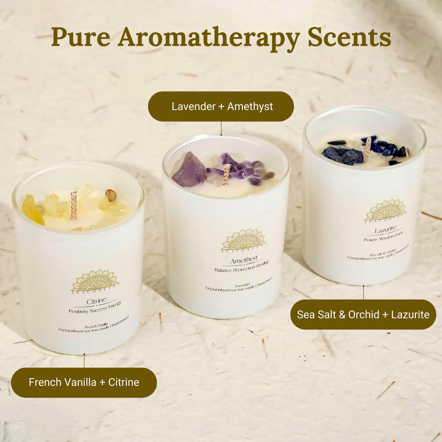 AvaConcept Healing Crystal Candle Gift Set – Set of 3 Citrine, Amethyst & Lazurite Hand-Poured Soy Wax French Vanilla, Lavender & Sea Salt Orchid Aromatherapy Scents 3.5oz Each | Premium Gift Box
