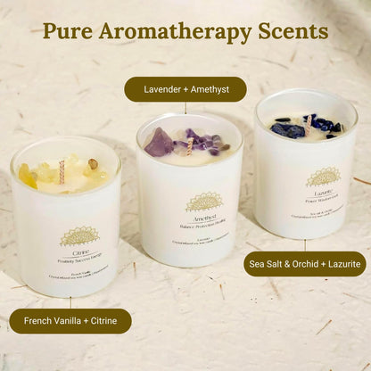 AvaConcept Healing Crystal Candle Gift Set – Set of 3 Citrine, Amethyst & Lazurite Hand-Poured Soy Wax French Vanilla, Lavender & Sea Salt Orchid Aromatherapy Scents 3.5oz Each | Premium Gift Box
