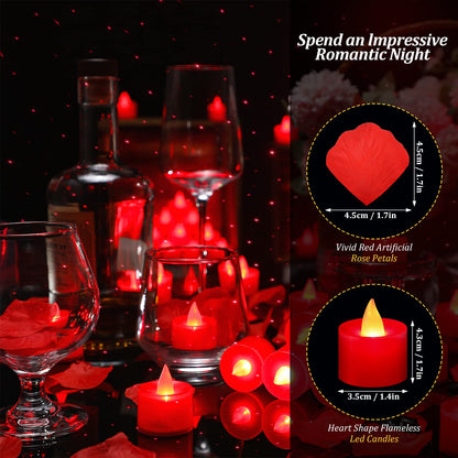 Coume 6000 Pcs Artificial Rose Petals with 72 Pcs Flameless LED Candles Romantic Decorations Fake Candles Anniversary Decorations for Valentine's Day Wedding Night(Red)
