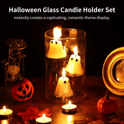 Halloween Glass Candle Holder Set, Cylinder Floating Table Centerpiece Kit, Includes 15 Candles, 20 Tea Lights, for Parties, Weddings, Holidays