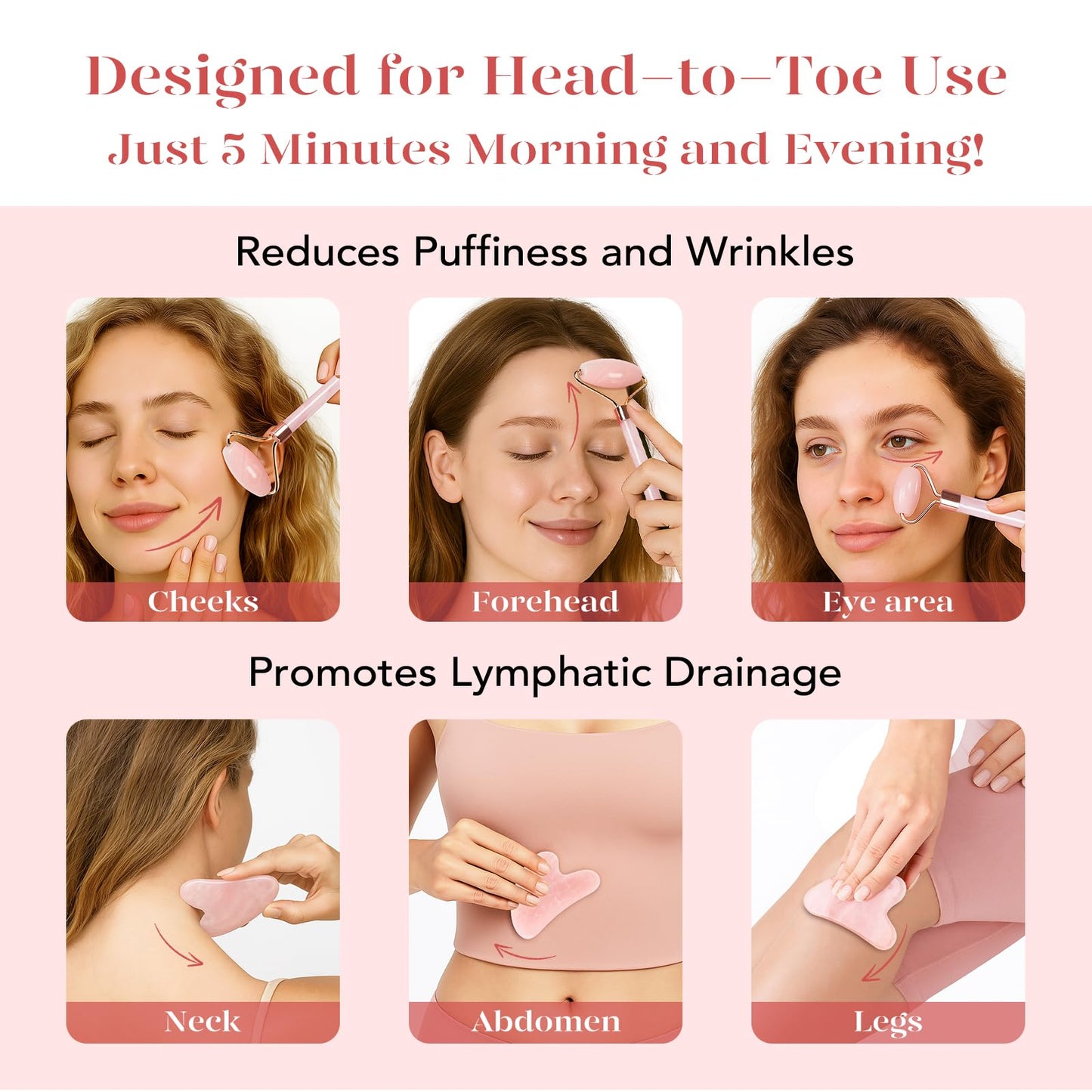 BAIMEI Jade Roller & Gua Sha, Face Roller, Facial Beauty Roller Skin Care Tools, Self Care Gift for Men Women, Massager for Face, Eyes, Neck, Relieve Fine Lines and Wrinkles - Rose Quartz