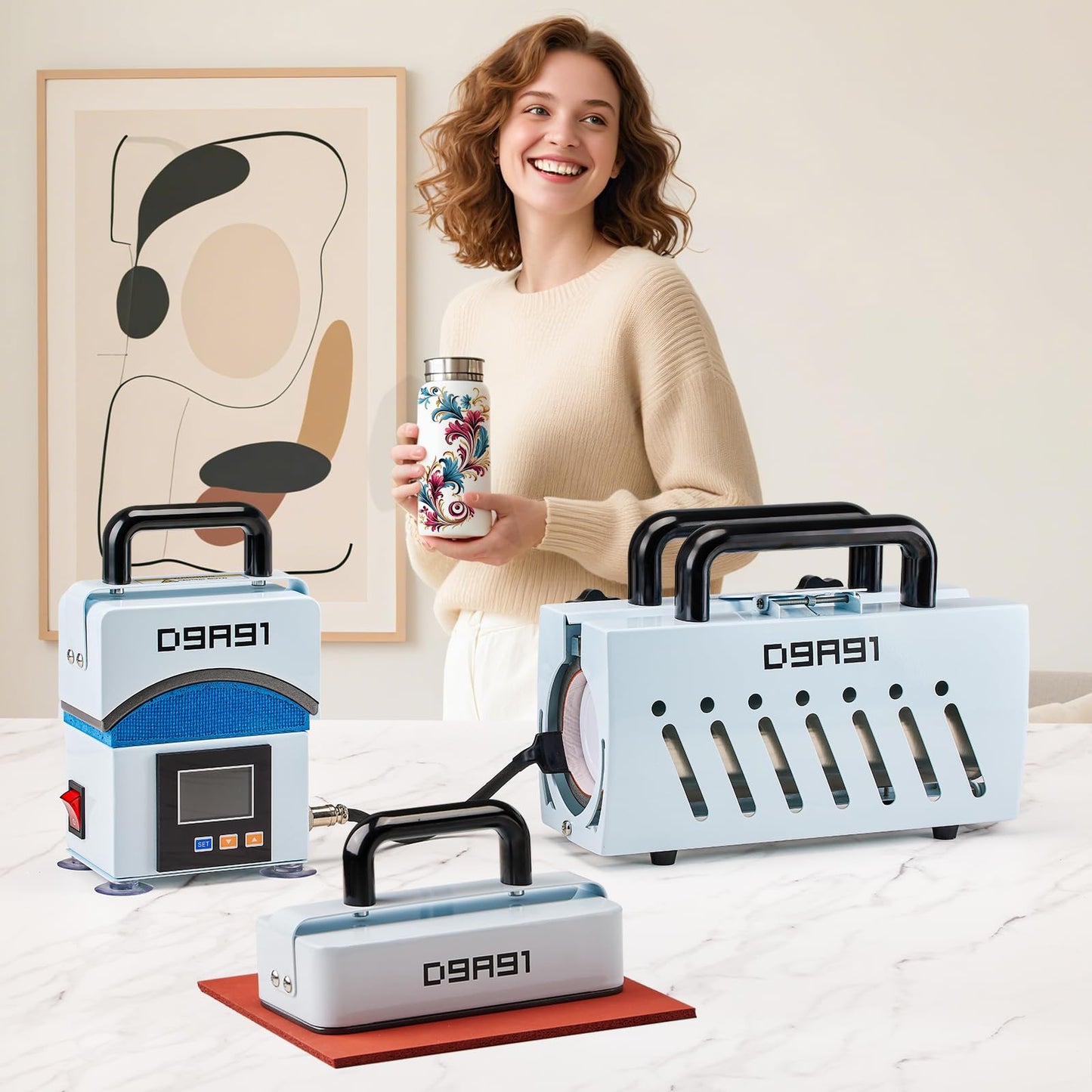 D9A91 3 in 1 Heat Press Machine, Hat Press Machine and Tumbler Heat Press Machine. for Caps, T-Shirt & More, 11-30oz Mug Press, Heat Up Fast and Even,No Crease, LCD Digital Temperature -Light Blue